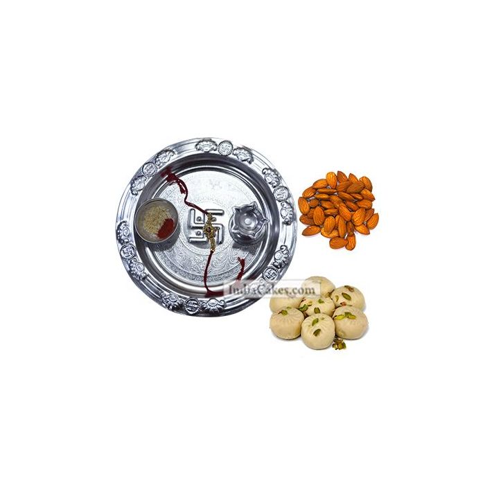 Silver Thali And Pedha With Almond Dryfruits Silver Thali And Pedha With Almond Dryfruits