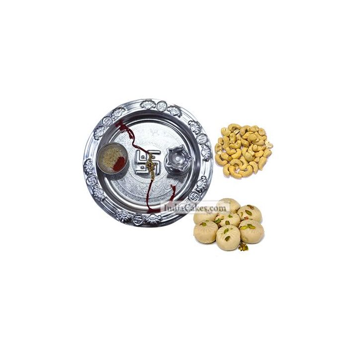 Silver Thali And Pedha With Cashew Dryfruits Silver Thali And Pedha With Cashew Dryfruits