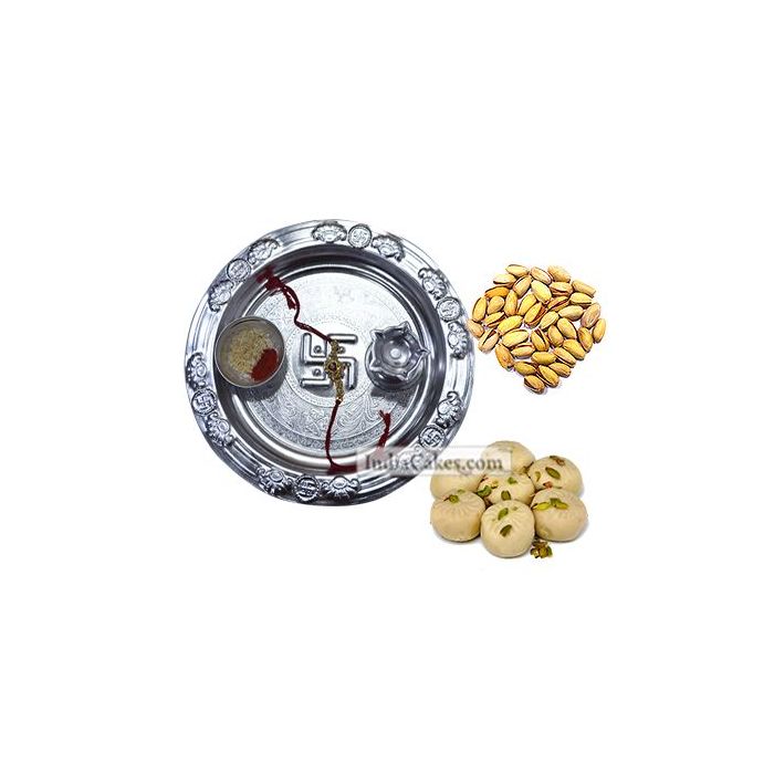 Silver Thali And Pedha With Pista Dryfruits Silver Thali And Pedha With Pista Dryfruits