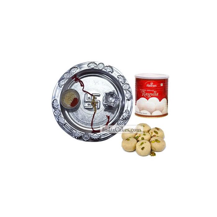 Silver Thali And Pedha With Rasgulla Silver Thali And Pedha With Rasgulla