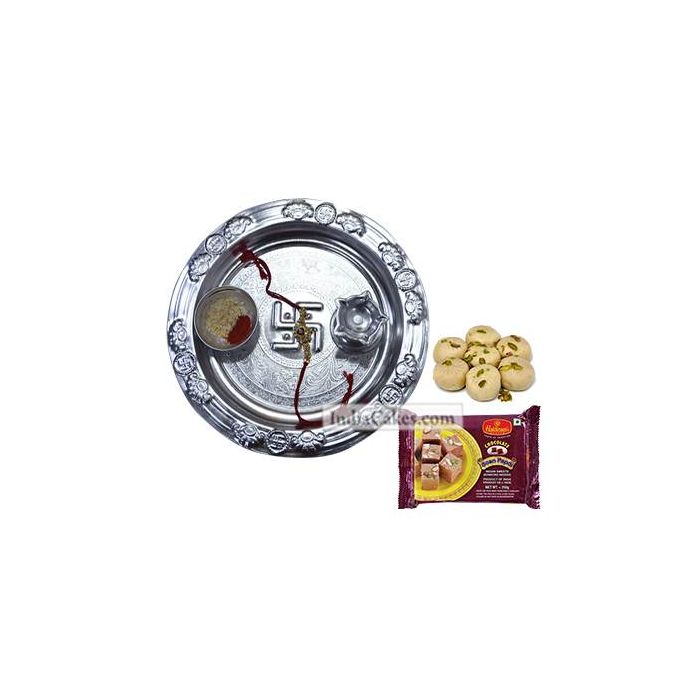 Silver Thali And Soanpapdi With Pedha Silver Thali And Soanpapdi With Pedha