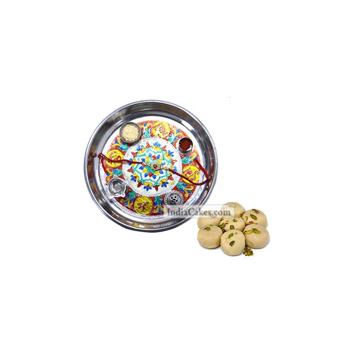 Silver Thali With Design And Pedha Silver Thali With Design And Pedha