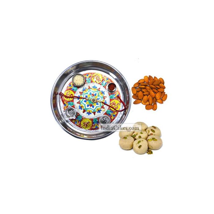 Silver Thali With Design And Pedha With Almond Dryfruits Silver Thali With Design And Pedha With Almond Dryfruits
