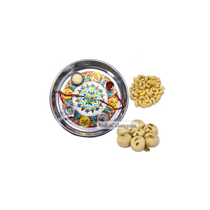Silver Thali With Design And Pedha With Cashew Dryfruits Silver Thali With Design And Pedha With Cashew Dryfruits