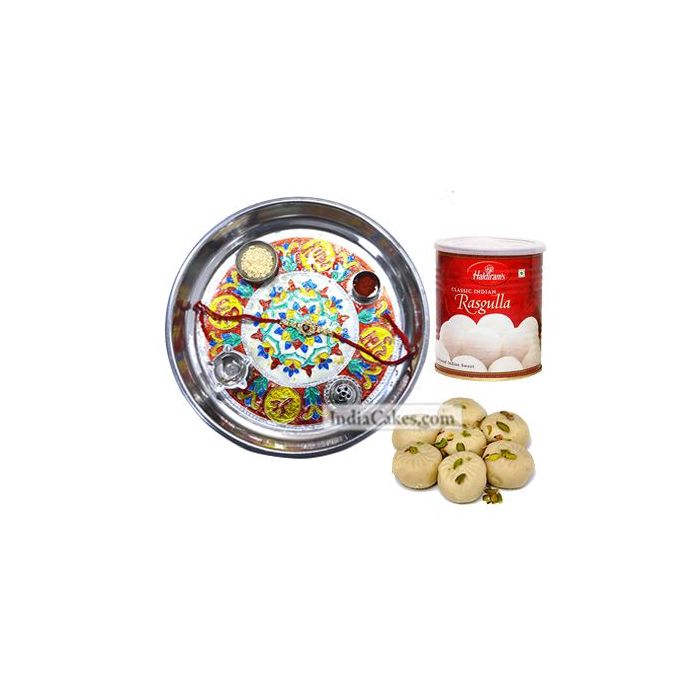 Silver Thali With Design And Pedha With Rasgulla Silver Thali With Design And Pedha With Rasgulla