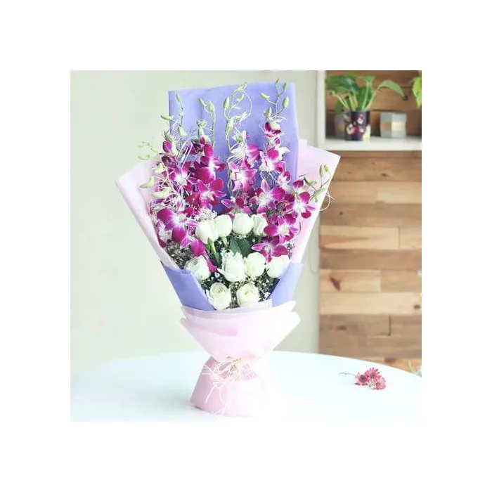 Soulful 6 Purple Orchids with 10 White Roses Bouquet
