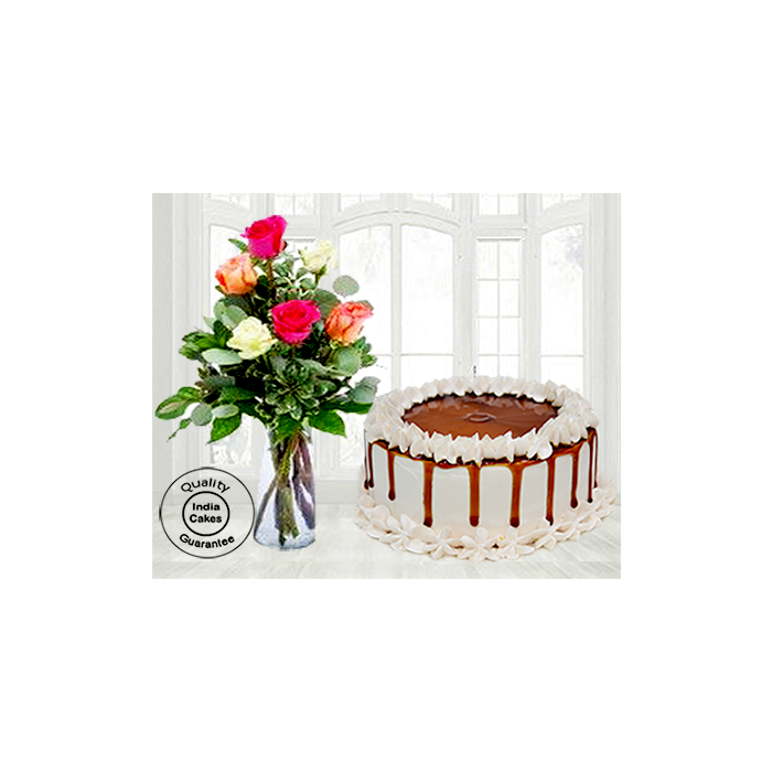Special Butterscotch Cake Half Kg 6 Mix Roses
