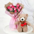Dream Gift Combo of 10 Roses with teddy thumbnail