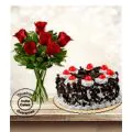 Eggless Black Forest Cake Half Kg with 6 Red Roses Bunch thumbnail