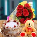 Eggless Half Kg Flavorous Butterscotch Cake with 6 Red Roses Bunch and 6 Inch Teddy Bear thumbnail
