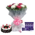 Eggless Half Kgs Black Forest Cake with 6 Mix Carnation Bunch and 5 Chocolates thumbnail