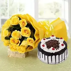 Black Forest Cake Half Kgs with 6 Yellow Roses Bunch