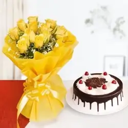 Black Forest Drip Cake Half Kgs with 6 Yellow Roses Bunch