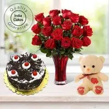 Black Forest Cake Half Kg with 6 Red Roses Bunch and a Teddy Bear