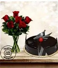 Chocolate Truffle Cake Half Kg with 6 Red Roses Bunch