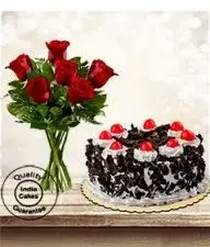 Eggless Black Forest Cake Half Kg with 6 Red Roses Bunch