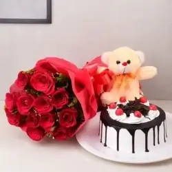 Half Kg Melting Black Forest Cake with 6 Red Roses Bunch and 6 Inch Teddy Bear