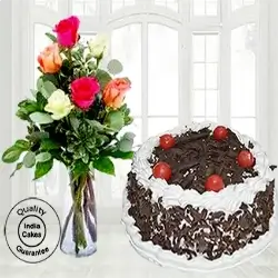 Half Kg Choco Black Forest Cake 6 Mix Roses